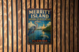 A vintage-style metal sign for the Merritt Island National Wildlife Refuge in Florida, featuring an illustration of a heron and a seal.
