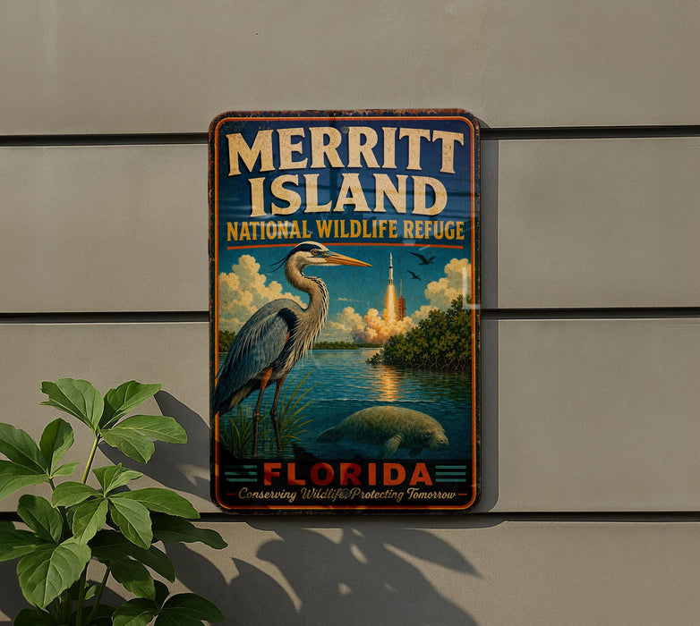 A vintage-style metal sign for the Merritt Island National Wildlife Refuge in Florida, featuring a large blue heron and a scenic landscape.