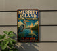A vintage-style metal sign for the Merritt Island National Wildlife Refuge in Florida, featuring a large blue heron and a scenic landscape.
