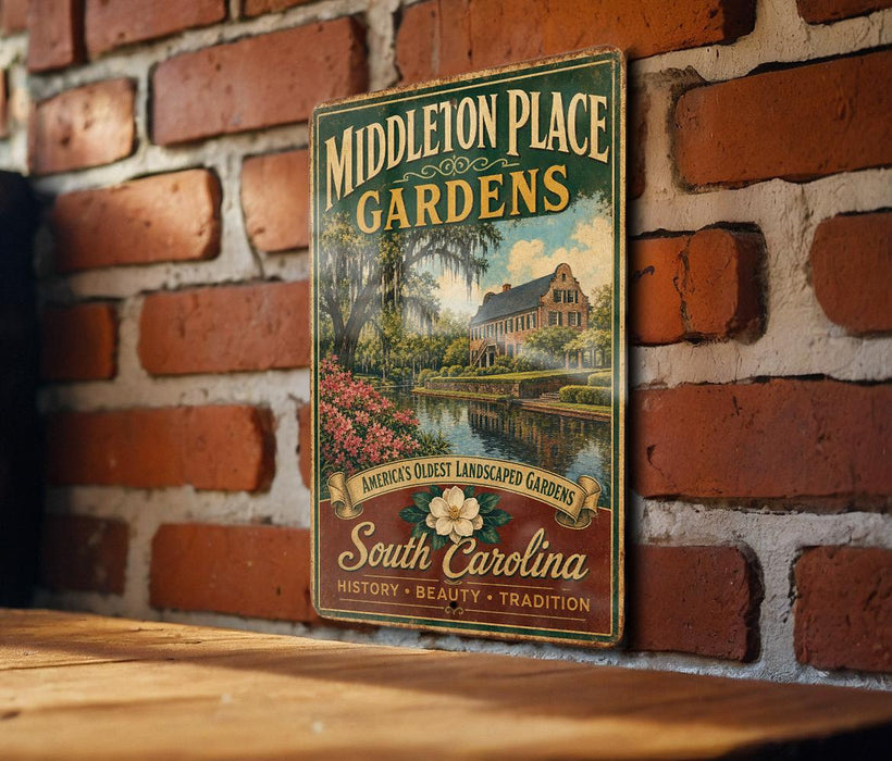 A vintage-style metal sign for Middleton Place Gardens in South Carolina, featuring a scenic illustration of a garden with a house and a pond.