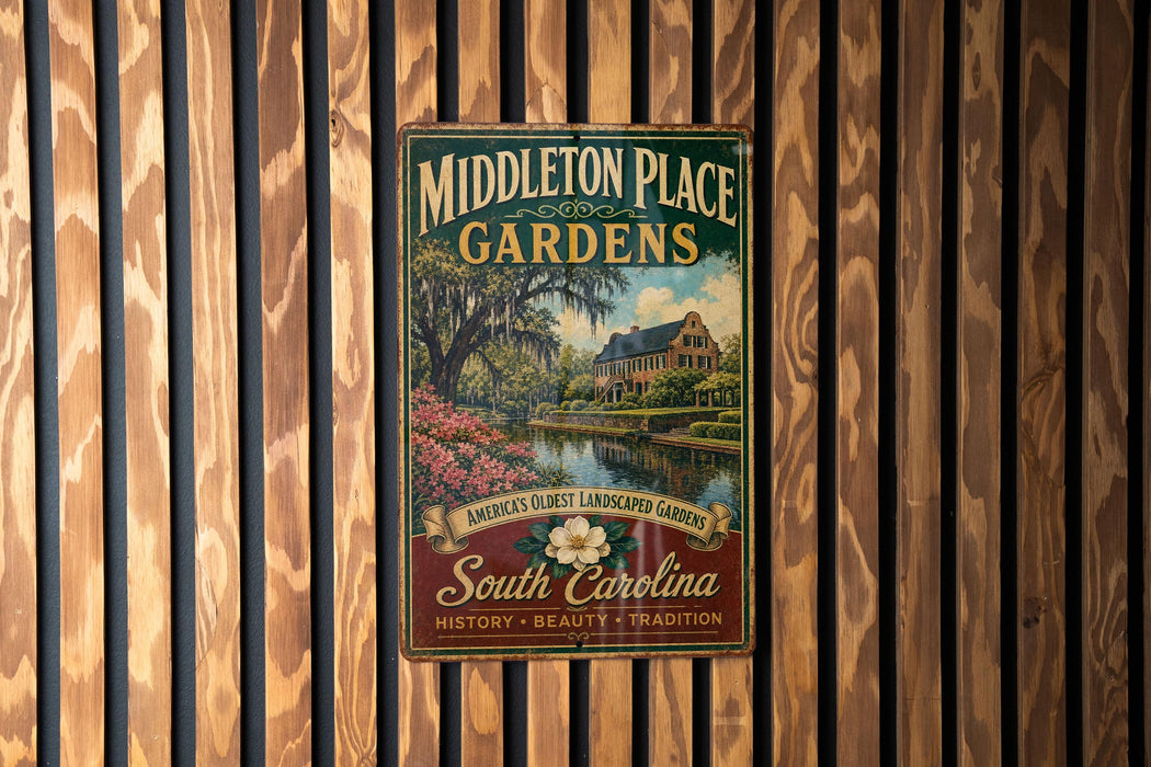 A vintage metal sign for Middleton Place Gardens in South Carolina, featuring a scenic landscape with a pond and lush greenery.