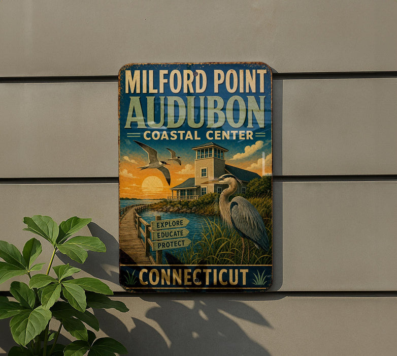 A vintage-style sign for Milford Point Audubon Coastal Center, featuring a seagull, a lighthouse, and a beach scene.