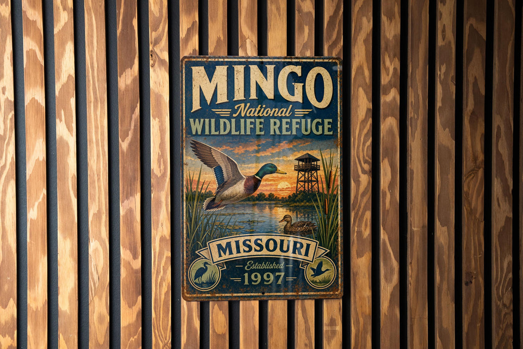 A vintage-style metal sign for the Mington National Wildlife Refuge in Missouri, featuring a duck and a tower in the background.