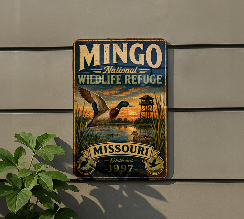 A vintage-style metal sign for the Missouri National Wildlife Refuge, featuring a duck in flight and a tower in the background, mounted on a wall.