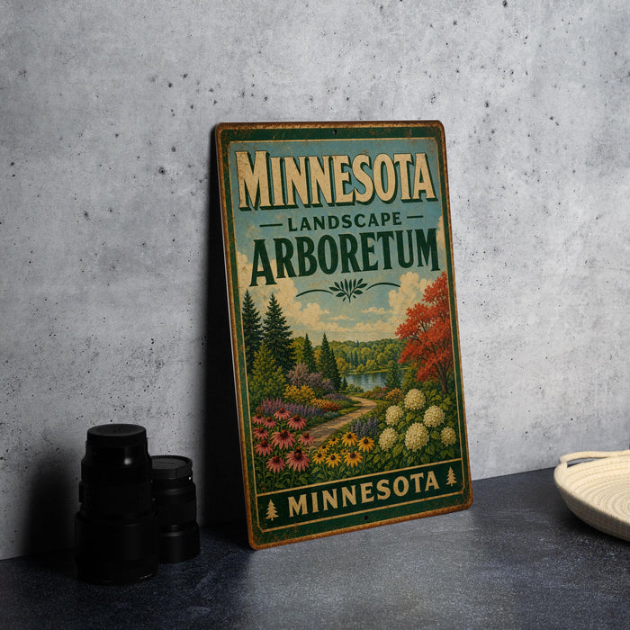 A vintage-style metal sign for the Minnesota Landscape Arboretum, featuring a scenic landscape with trees, flowers, and a lake.