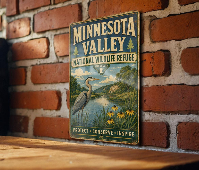 A vintage Minnesota Valley wildlife refuge sign is displayed on a brick wall, featuring a serene landscape with a heron and yellow flowers.