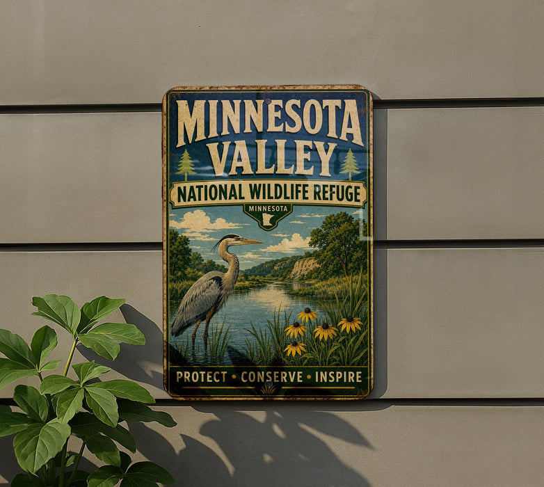 A vintage Minnesota Valley National Wildlife Refuge sign is displayed on a wall, featuring a scenic illustration of a heron and a river surrounded by lush greenery.