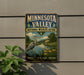 A vintage Minnesota Valley National Wildlife Refuge sign is displayed on a wall, featuring a scenic illustration of a heron and a river surrounded by lush greenery.