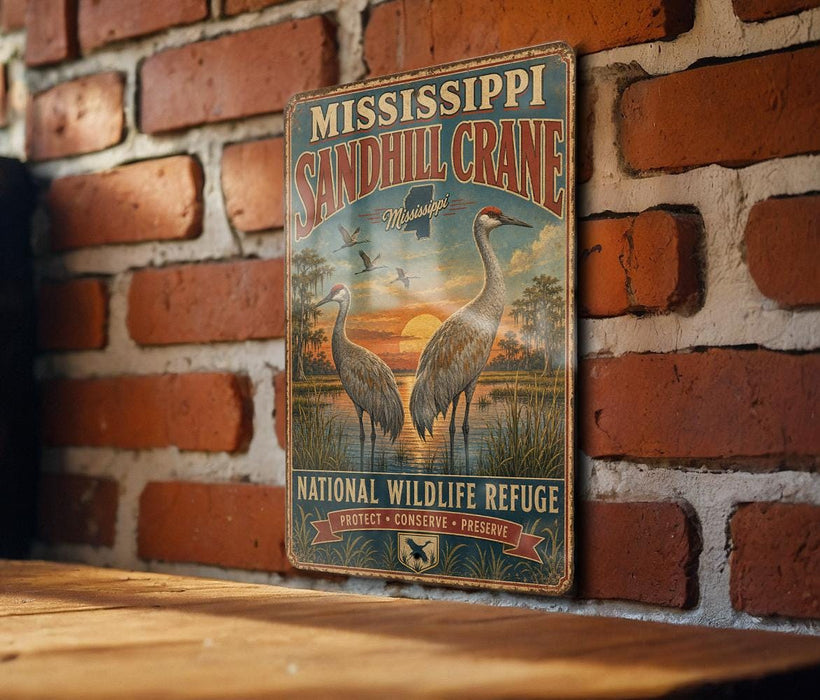 A vintage-style metal sign for the Mississippi Sandhill Crane National Wildlife Refuge, featuring illustrations of the crane and a sunset landscape.