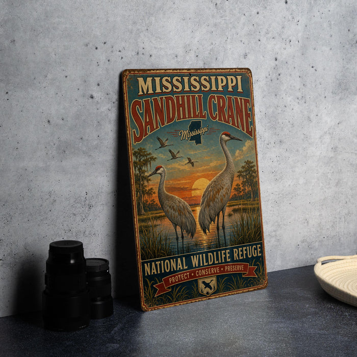 A vintage metal sign for the Mississippi Sandhill Crane National Wildlife Refuge, featuring illustrations of the crane and a sunset landscape.