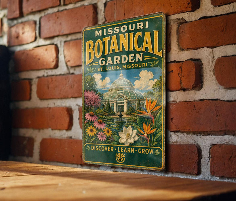 A vintage-style metal sign for the Missouri Botanical Garden, featuring a colorful illustration of the garden and a dome-shaped greenhouse.