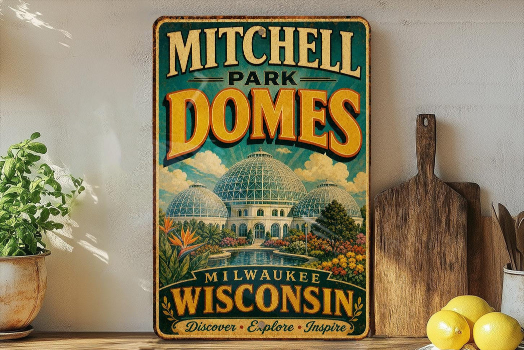 A vintage-style metal sign for Mitchell Park Domes in Milwaukee, Wisconsin, featuring a large illustration of the domed buildings and surrounded by a garden.