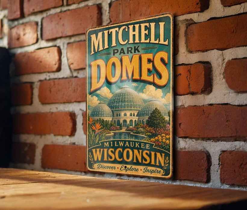 A vintage-style metal sign for Mitchell Park Domes in Milwaukee, Wisconsin, featuring a large illustration of the domed structures and the text "Mitchell Park Domes" prominently displayed.