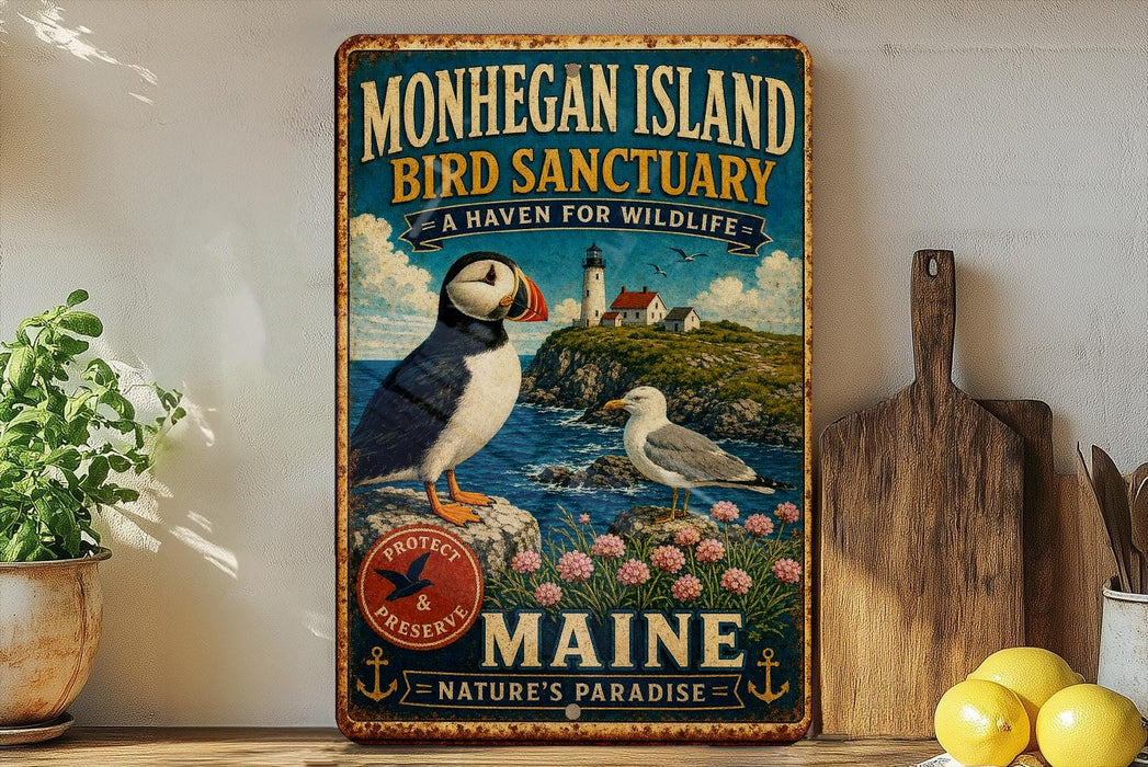 A vintage-style metal sign for the Monhegan Island Bird Sanctuary in Maine, featuring illustrations of puffins and seagulls on a rocky coastline with a lighthouse.