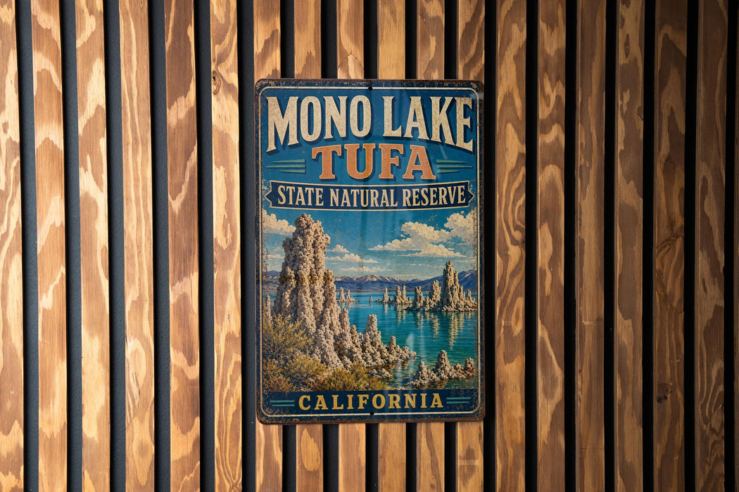 A vintage metal sign for the Mono Lake Tufa State Natural Reserve in California, featuring a scenic landscape with mountains, water, and a blue sky.