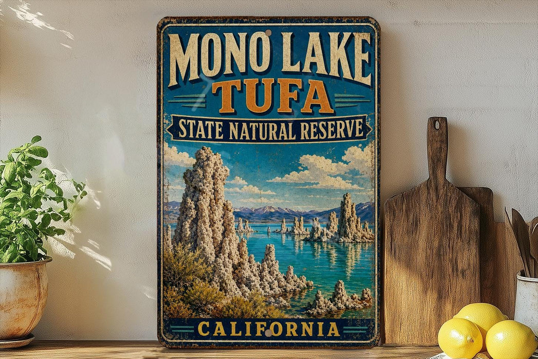 A vintage-style sign for the Mono Lake State Natural Reserve in California, featuring a scenic landscape with mountains, water, and a lake.