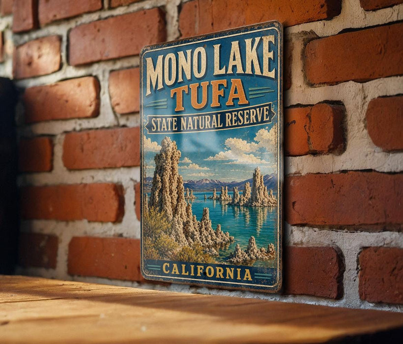 A vintage-style metal sign for the Mono Lake Tufa State Natural Reserve in California, featuring a scenic landscape with mountains, water, and a lake.