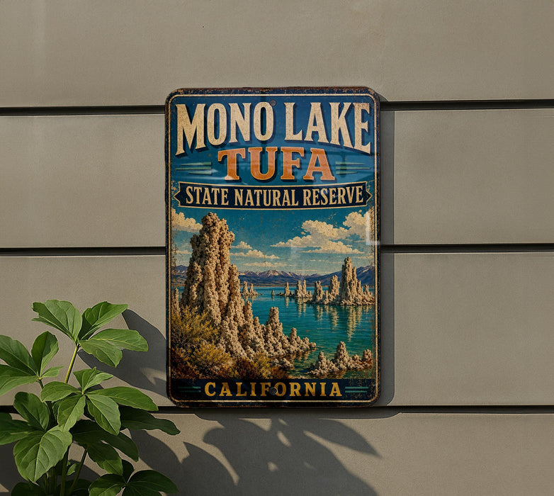 A vintage-style metal sign for the Mono Lake State Natural Reserve in California, featuring a scenic landscape with mountains and a lake.