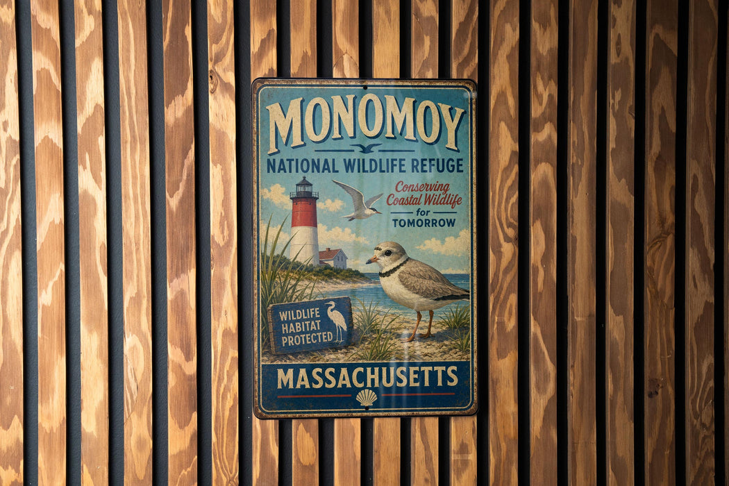 A vintage metal sign for the Monomoy National Wildlife Refuge in Massachusetts, featuring a lighthouse and a bird.