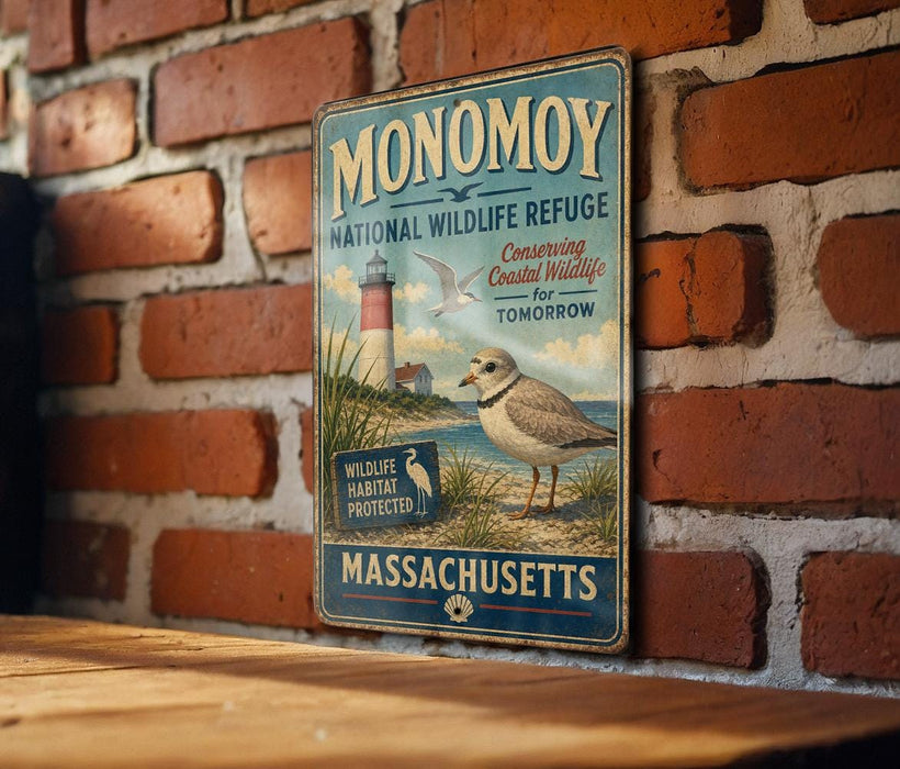 A vintage metal sign for the Monomoy National Wildlife Refuge, featuring a lighthouse and a bird, is displayed on a brick wall.