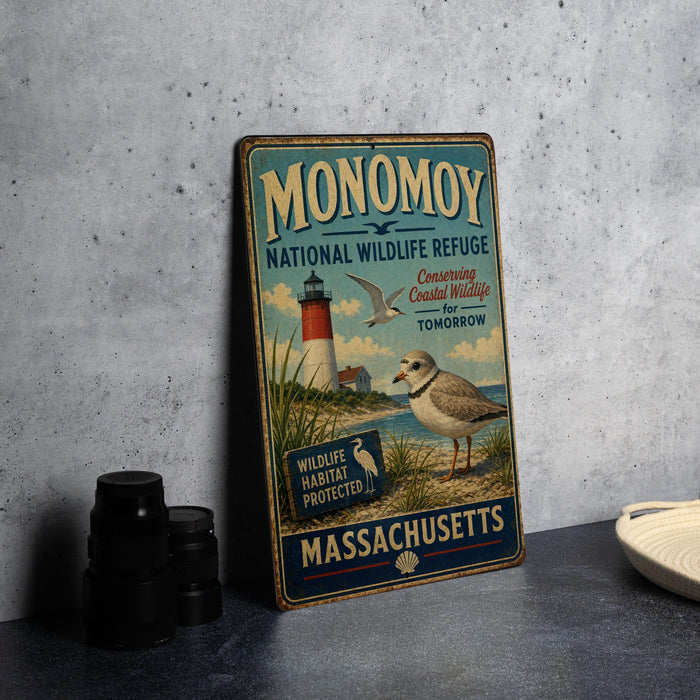 A vintage metal sign for the Monomoy National Wildlife Refuge in Massachusetts, featuring a lighthouse and a bird, is displayed on a gray countertop.