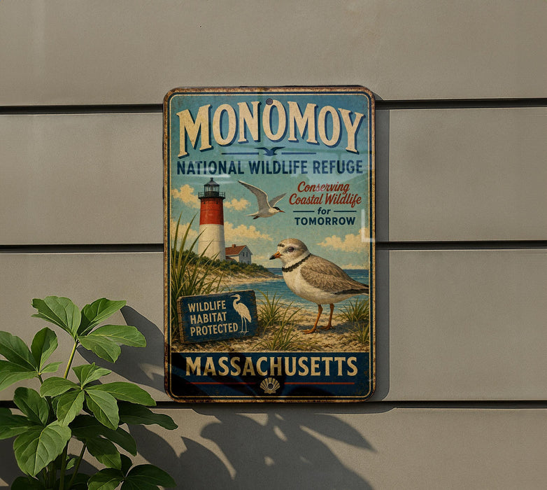 A vintage metal sign for the Monomoy National Wildlife Refuge in Massachusetts, featuring a lighthouse and a bird.