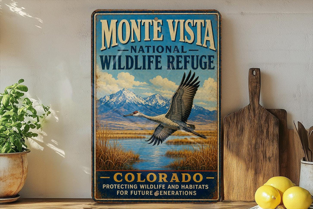 A vintage-style sign for the Monte Vista National Wildlife Refuge in Colorado, featuring a bird in flight over a scenic landscape.