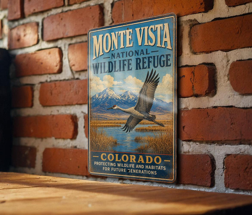 A vintage-style sign for the Monte Vista National Wildlife Refuge in Colorado, featuring a bird in flight and a scenic landscape.