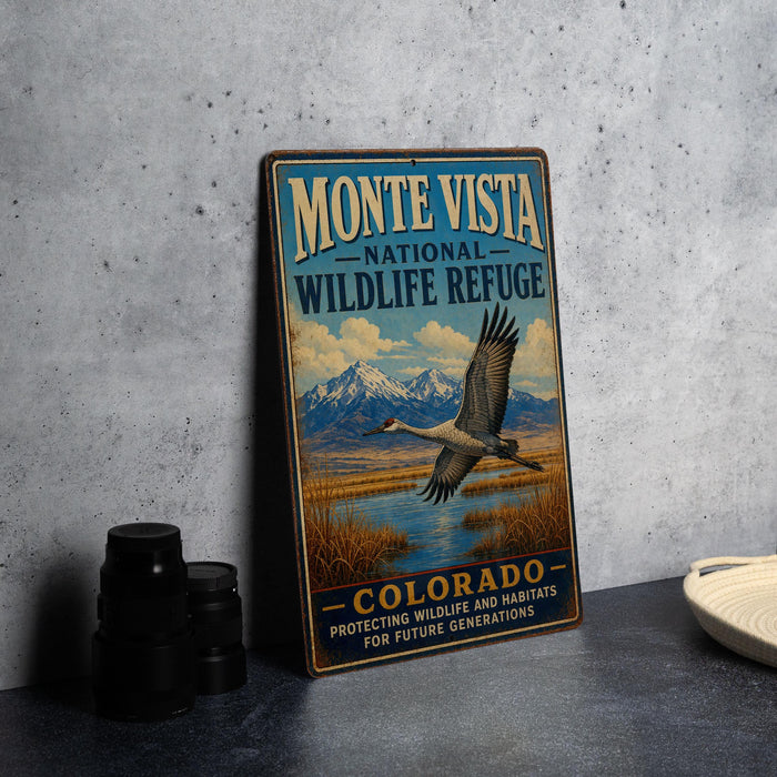 A vintage-style metal sign for Monte Vista National Wildlife Refuge in Colorado, featuring a bird in flight and a scenic landscape.