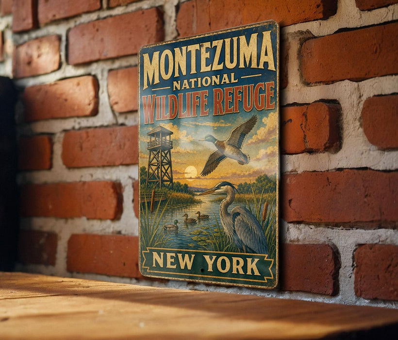 A vintage-style metal sign for the Montezuma National Wildlife Refuge in New York, featuring an illustration of a bird and a tower in a natural setting.
