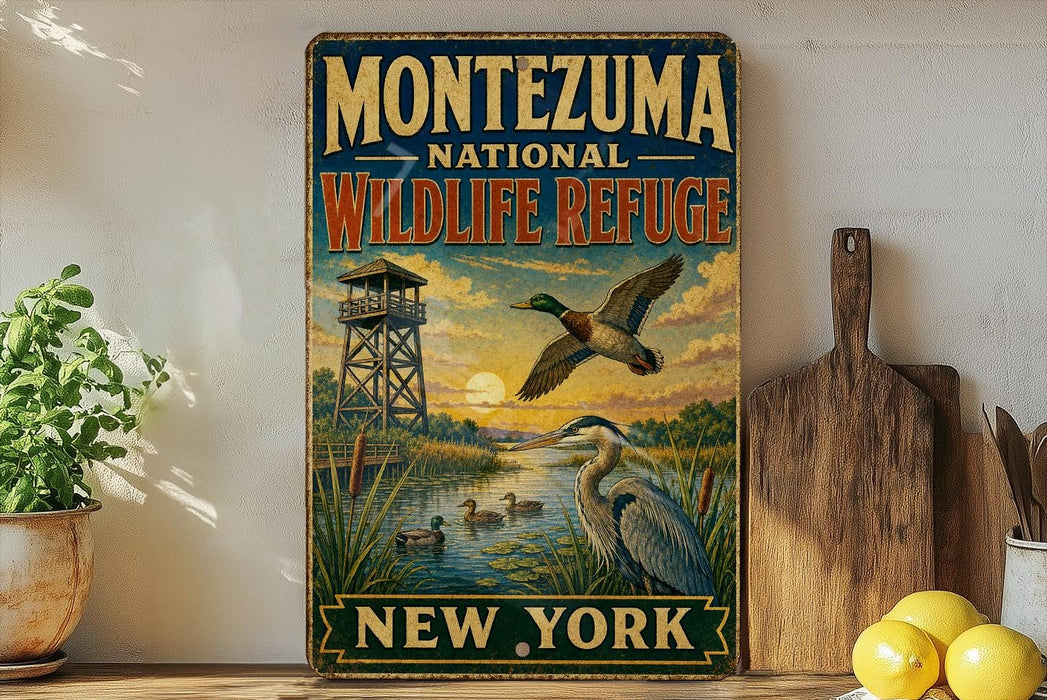 A vintage-style sign for the Montezuma National Wildlife Refuge in New York, featuring an illustration of ducks and a bird in flight against a sunset backdrop.
