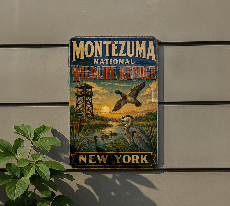 A vintage-style metal sign for the Montezuma National Wildlife Refuge in New York, featuring an illustration of ducks and a bird in flight against a sunset backdrop.