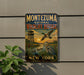 A vintage-style metal sign for the Montezuma National Wildlife Refuge in New York, featuring an illustration of ducks and a bird in flight against a sunset backdrop.