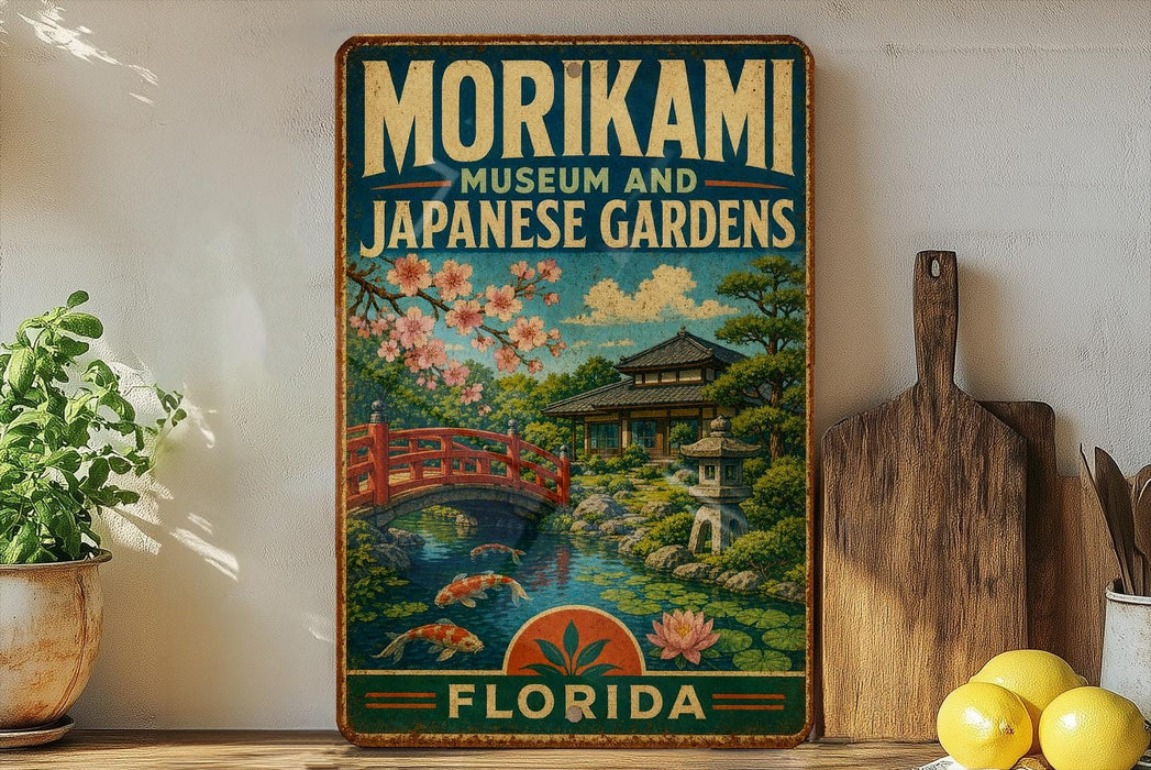 A vintage-style metal sign for the Morikami Museum and Japanese Gardens in Florida, featuring a scenic landscape with a bridge, pond, and cherry blossom trees.