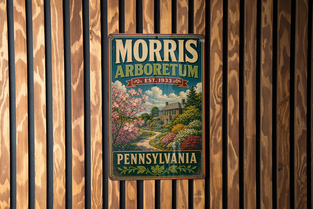 A vintage-style metal sign for the Morris Arboretum in Pennsylvania, featuring a scenic landscape with a house and flowers.