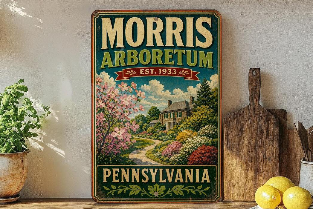 A vintage-style sign for the Morris Arboretum in Pennsylvania, featuring a garden scene with a house and trees.