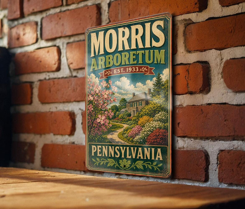 A vintage metal sign for the Morris Arboretum in Pennsylvania, featuring a scenic illustration of a garden with a house and trees.