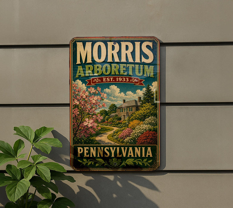 A vintage metal sign for Morris Arborum, a Pennsylvania nursery, is displayed on a wall next to a plant.