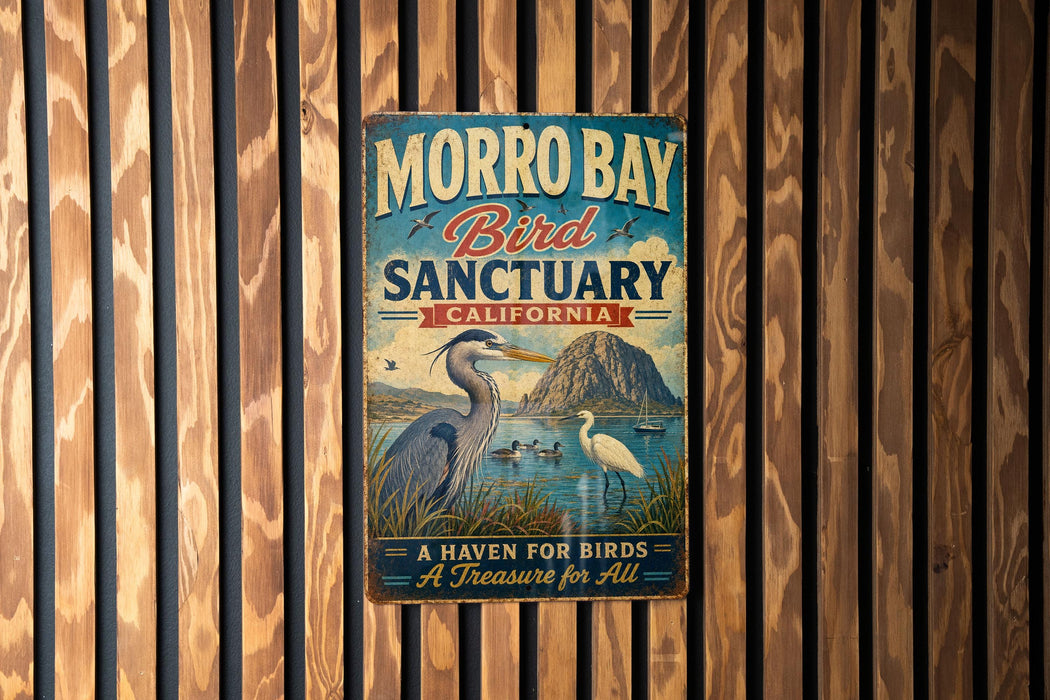 A vintage-style metal sign for Morro Bay Bird Sanctuary in California, featuring a large bird and a scenic landscape.