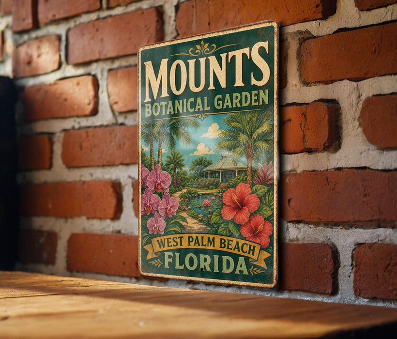 A vintage-style metal sign for the Mounts Botanical Garden in West Palm Beach, Florida, featuring a tropical garden scene with palm trees, flowers, and a building.