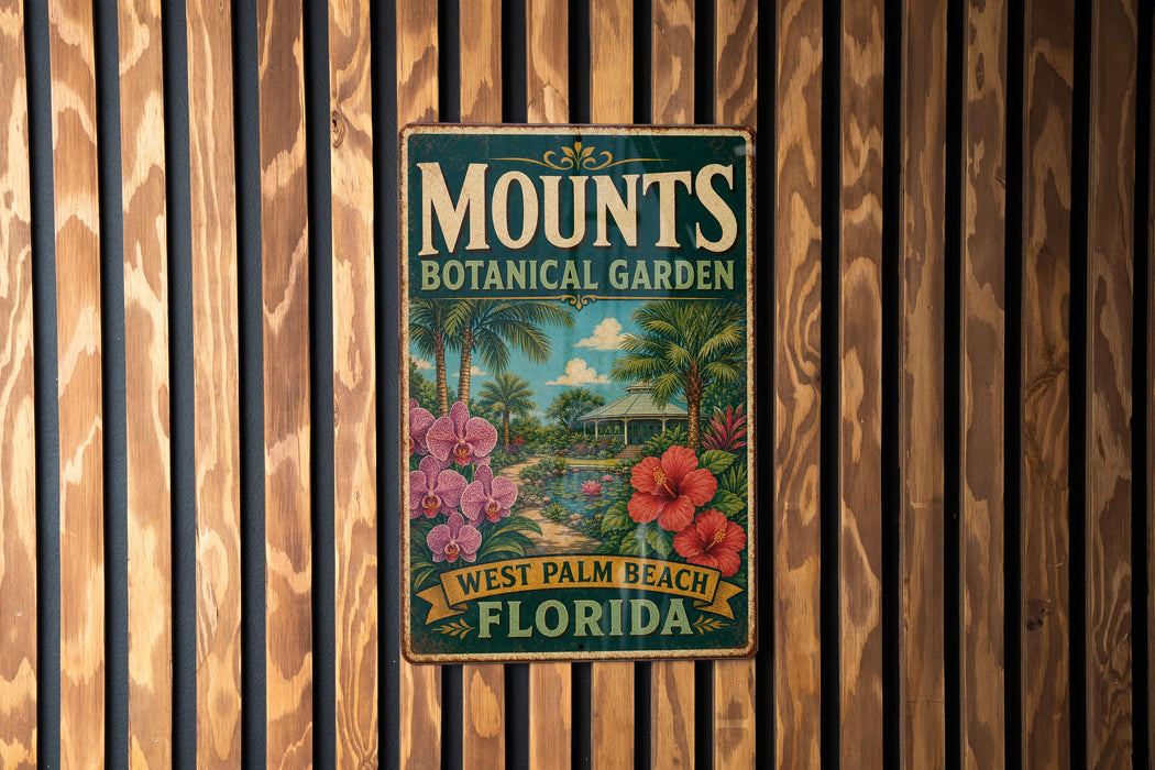 A vintage-style metal sign for the Mounds Botanical Garden in West Palm Beach, Florida, featuring a tropical landscape with palm trees, flowers, and a building.