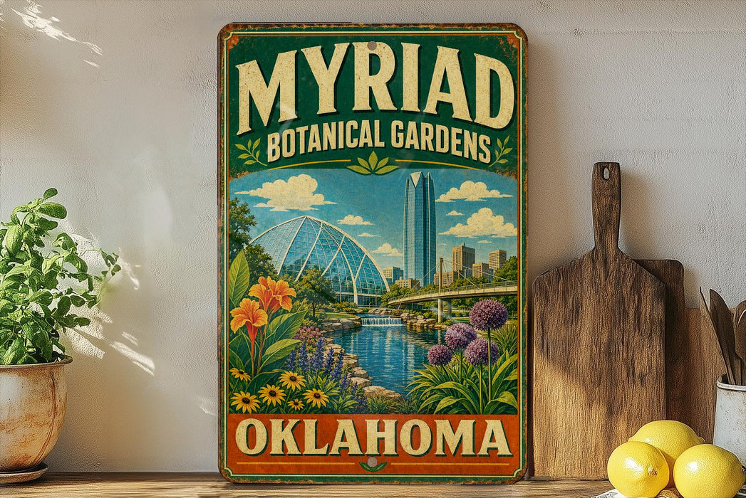 A vintage-style metal sign for the Myriad Botanical Gardens in Oklahoma, featuring a cityscape and lush greenery.