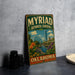 A vintage-style metal sign for the Myriad Botanical Gardens in Oklahoma, featuring a colorful illustration of the gardens and a city skyline.