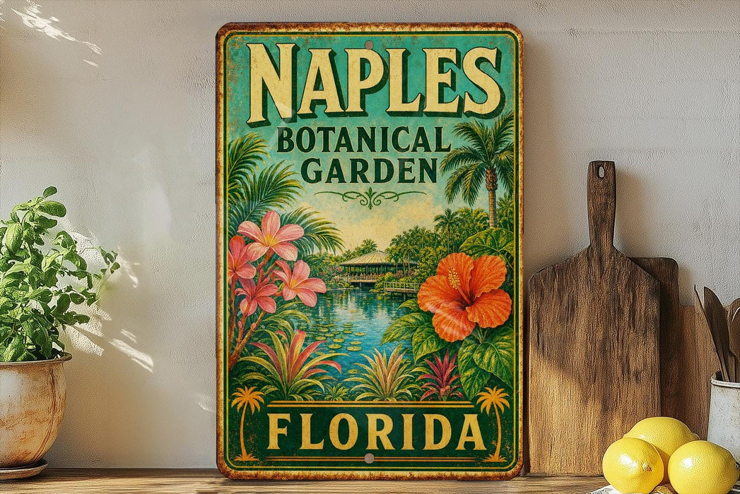 A vintage-style metal sign for the Naples Botanical Garden in Florida, featuring a tropical landscape with palm trees, flowers, and a body of water.