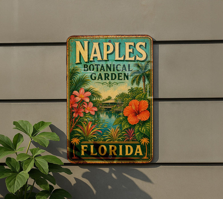 A vintage-style metal sign for the Naples Botanical Garden in Florida, featuring colorful tropical flowers and plants.