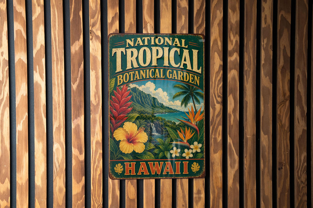 A vintage-style metal sign for the National Tropical Botanical Garden in Hawaii, featuring tropical flowers and lush greenery.