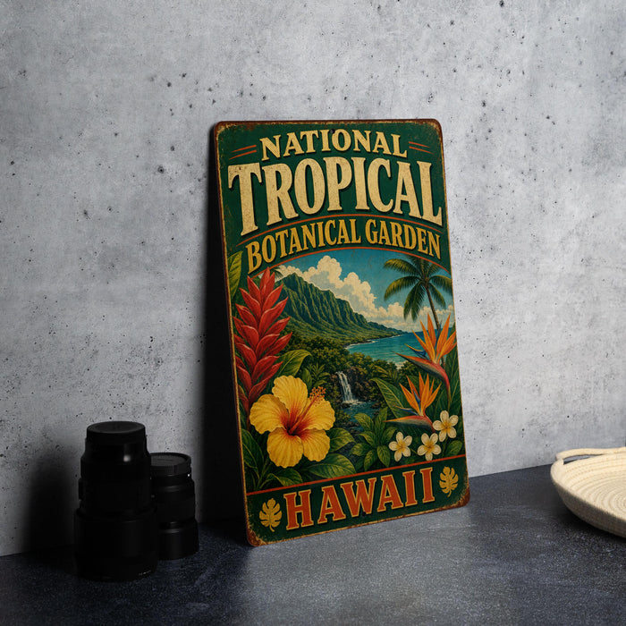 A vintage-style metal sign for the National Tropical Botanical Garden in Hawaii, featuring colorful tropical flowers and lush greenery.