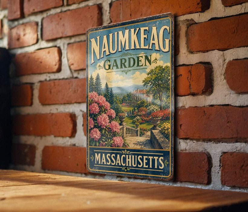 A vintage metal sign for the Naimkeag Garden in Massachusetts, featuring a scenic illustration of a garden with trees, flowers, and a winding path.