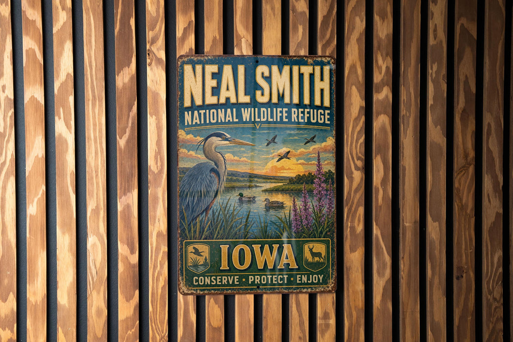 A vintage-style metal sign for the National Wildlife Refuge in Iowa, featuring an illustration of a bird and a lake with a sunset in the background.