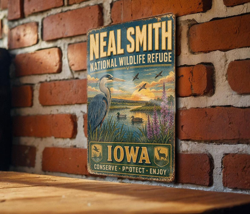 A vintage-style sign for the National Wildlife Refuge in Iowa, featuring an illustration of a heron and ducks in a lake, with the text "Neal Smith National Wildlife Refuge Iowa" and "Conserve - Protect - Enjoy".